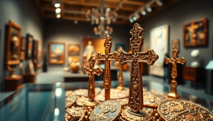 Admiring handcrafted crosses in the Jerusalem Art Museum, showcasing unique cultural artistry.