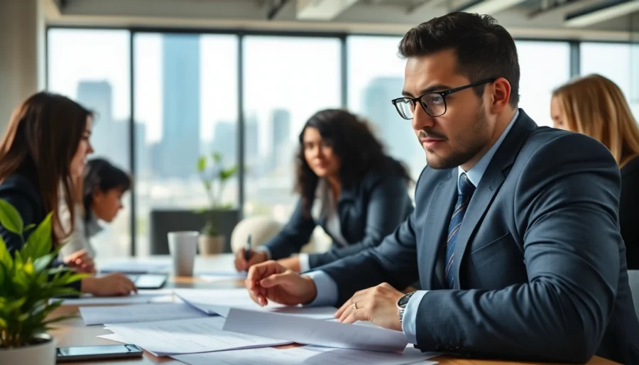 Purchasing consultant leading a dynamic meeting with a diverse team in a modern office.