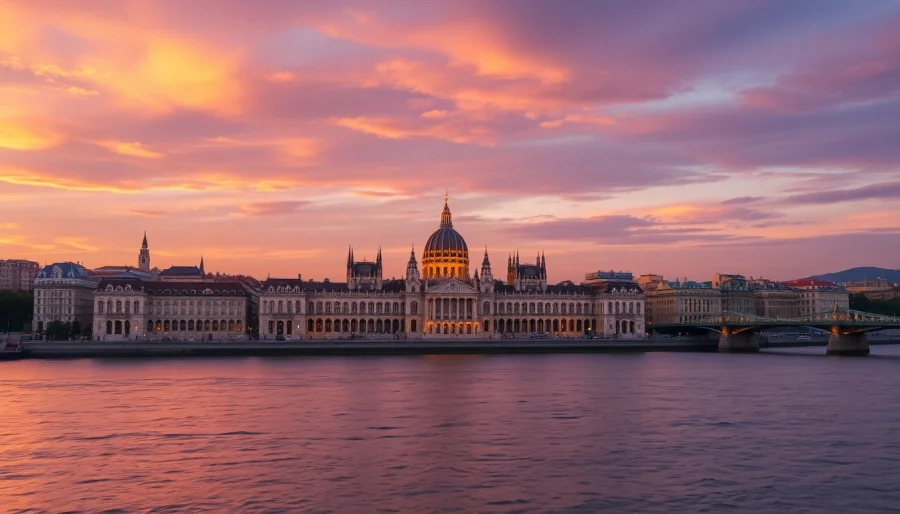 Capture the stunning Budapest skyline at dusk with illuminated buildings and the Danube River shimmering.