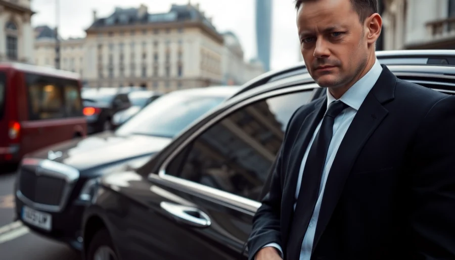 Skilled london chauffeur showcasing luxury car service in a bustling London setting.