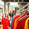 Browse vibrant and affordable Cheap Football Shirts hanging in a lively sportswear store.