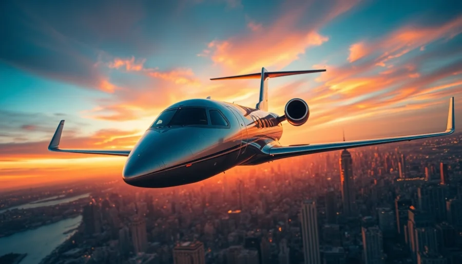 Experience private jet charter NYC flying above the stunning New York City skyline at sunset.