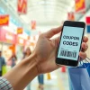 Hand holding a smartphone showing Coupon Code while shopping in a busy mall environment.
