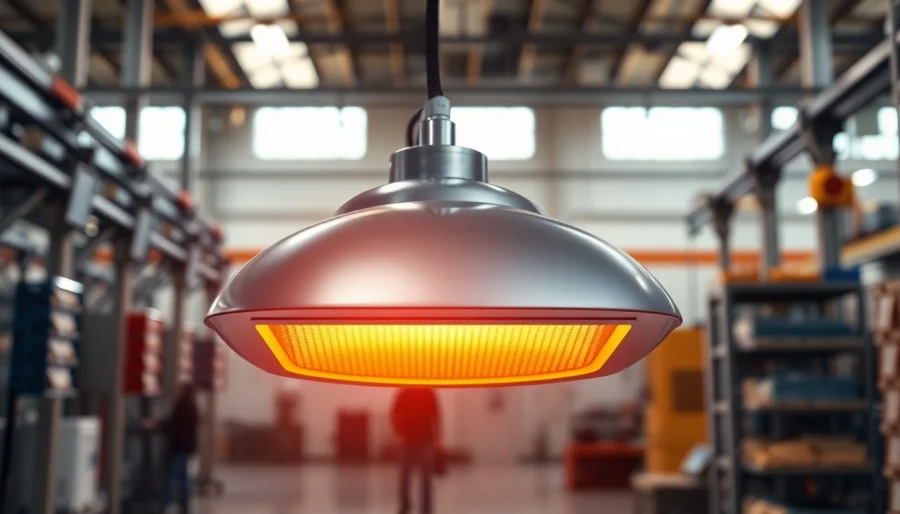 Infrared heating lamp emitting warmth and efficiency in an industrial space.