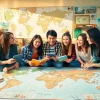 Travel enthusiasts excitedly plan their journey around a world map.