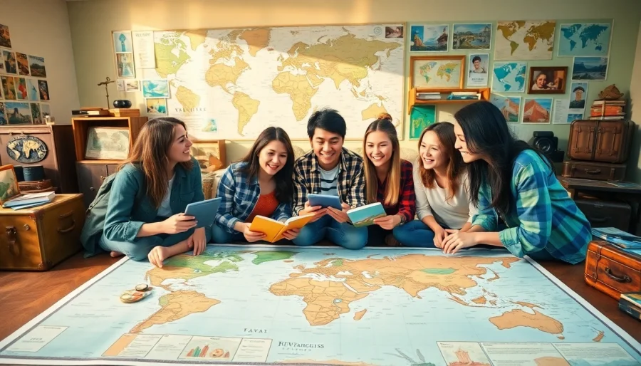 Travel enthusiasts excitedly plan their journey around a world map.