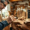Artisan creating beautiful olive wood carvings in a bright workshop environment.