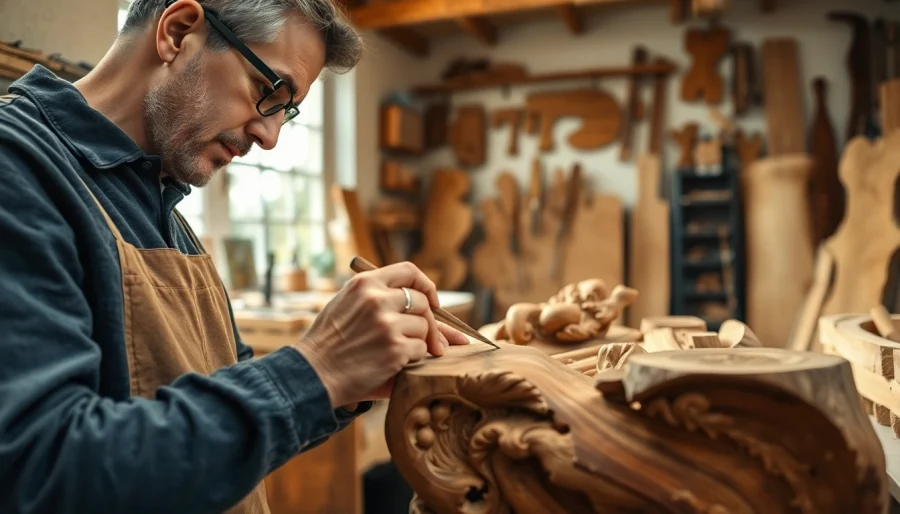 Artisan creating beautiful olive wood carvings in a bright workshop environment.