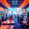 Engaged players enjoying unique games at Crypto Casinos, set in a vibrant casino environment.