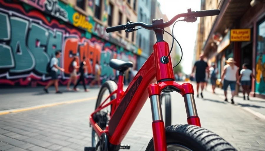 Riding the Talaria XXX Red Edition bike against a colorful urban backdrop.