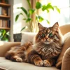 Adopt Maine Coon cats for sale near me, showcasing a fluffy cat in a comfortable living room.