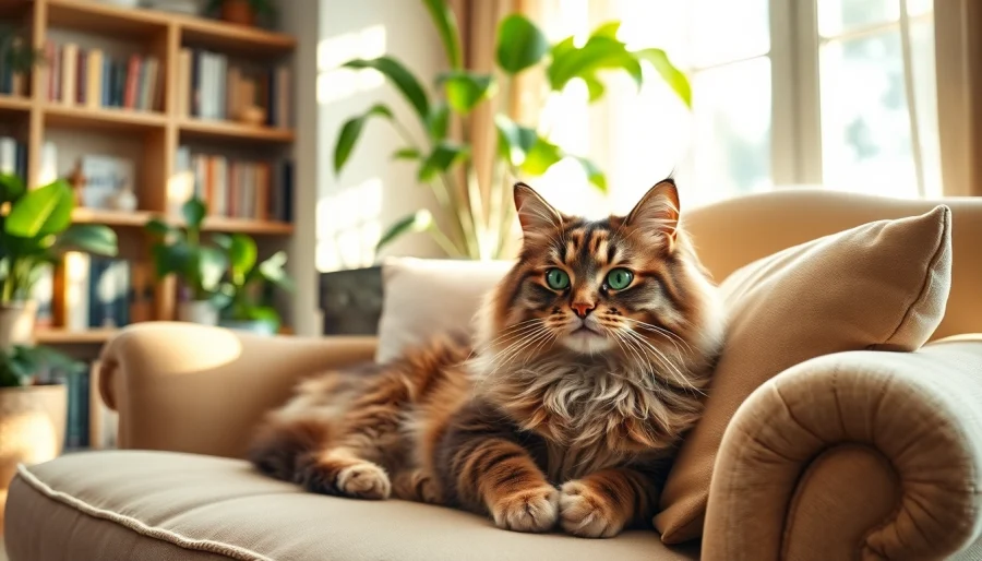 Adopt Maine Coon cats for sale near me, showcasing a fluffy cat in a comfortable living room.