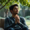 Visual representation highlighting anxiety with a reflective individual in a calming garden setting.