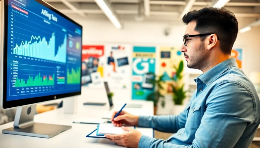Analyze affiliate ranking data in a modern office setting with vibrant visuals and metrics.