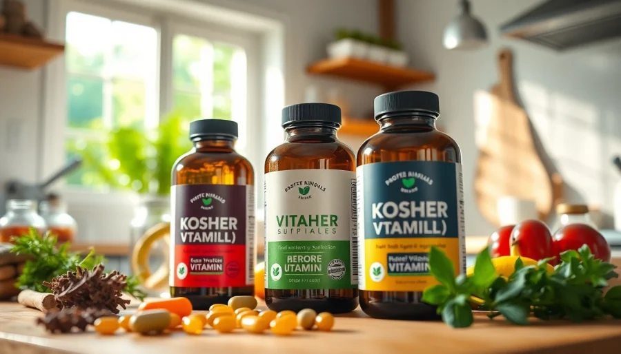 Buy kosher supplements displayed in a bright kitchen with fresh ingredients emphasizing health.