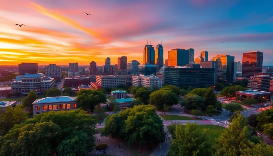 Stunning skyline view of Greensboro NC at sunset with vibrant city lights reflecting off buildings.