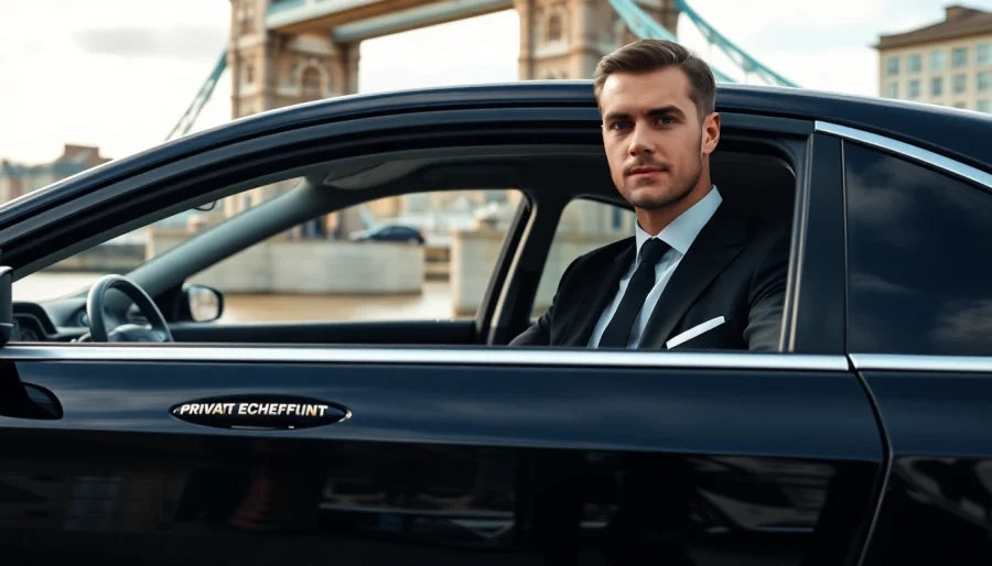 Experience private chauffeur london in a luxurious black car with iconic London landmarks in the background.