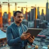 New York City Construction Manager effectively leading a construction site with blueprints.