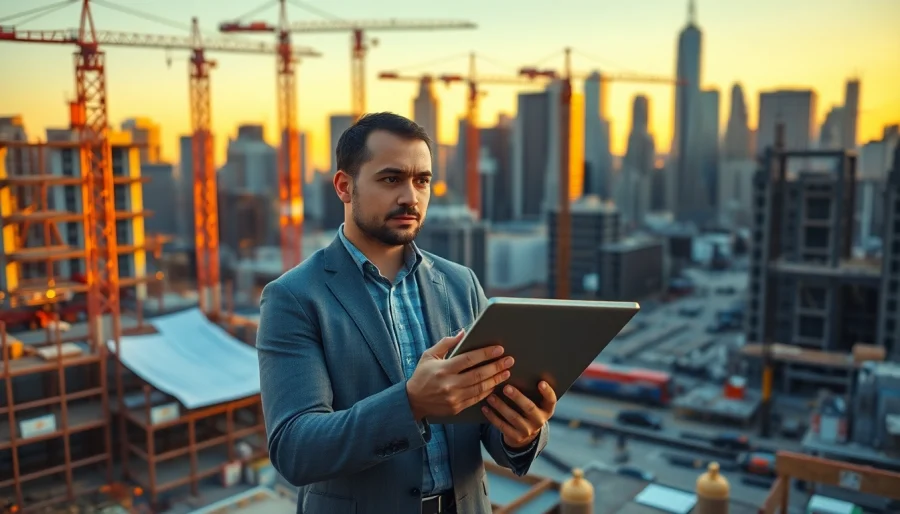 New York City Construction Manager effectively leading a construction site with blueprints.