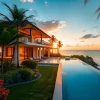property management phuket services enhance a beachfront villa's allure in sunset lighting.