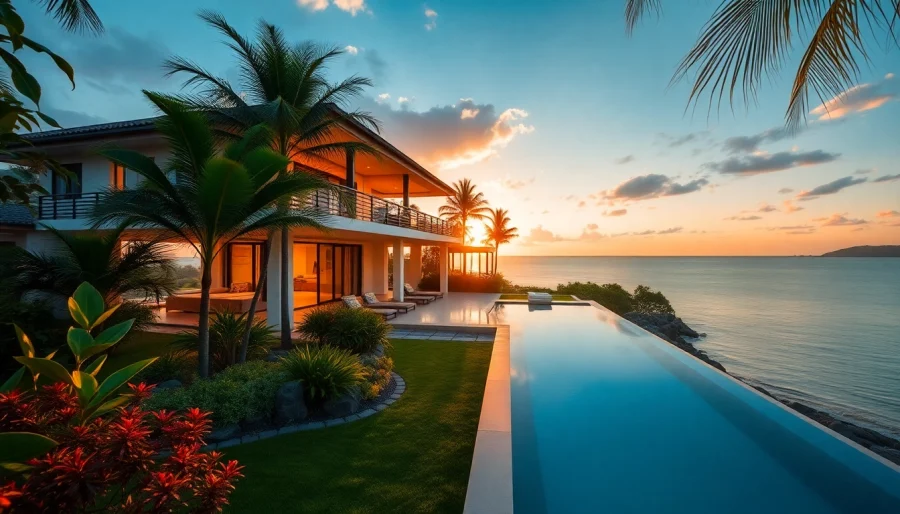 property management phuket services enhance a beachfront villa's allure in sunset lighting.