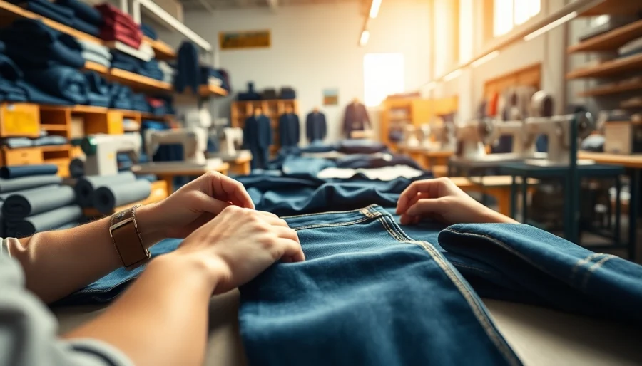 Showcasing jeans garment manufacturers crafting high-quality denim in a vibrant workshop environment.