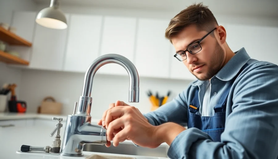 Plumber near me fixing a faucet in a bright, modern kitchen