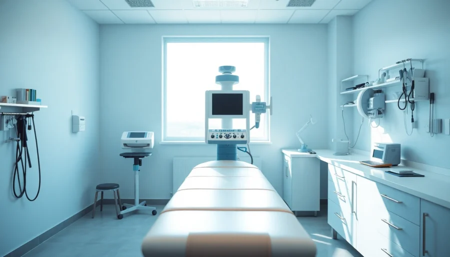 Examine a medical parker device highlighted in a bright, professional medical examination room.