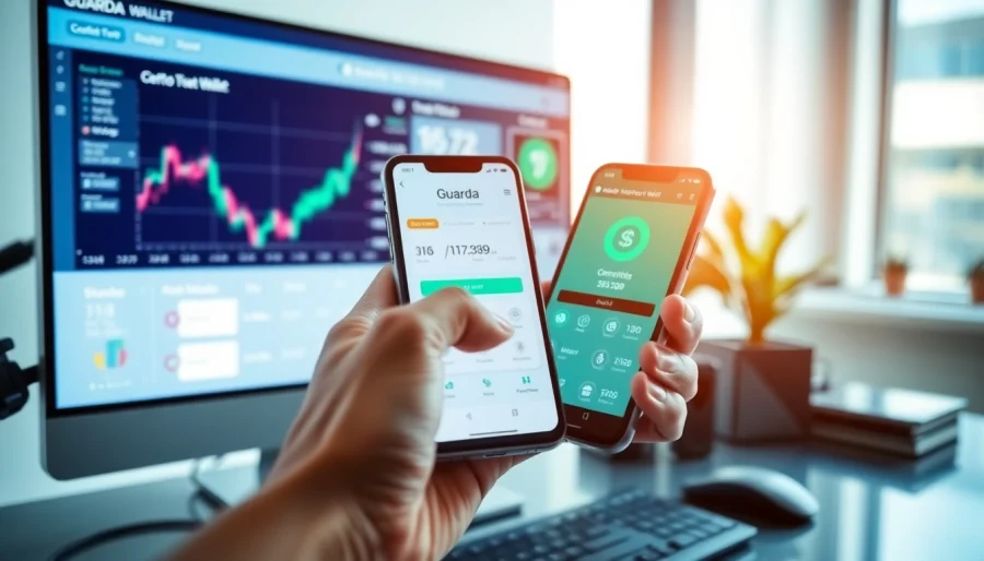 Showcasing the guarda wallet app on a smartphone, highlighted in a professional tech environment.