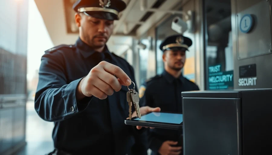 Key Holding professional ensuring security with a precise key check in an urban environment.