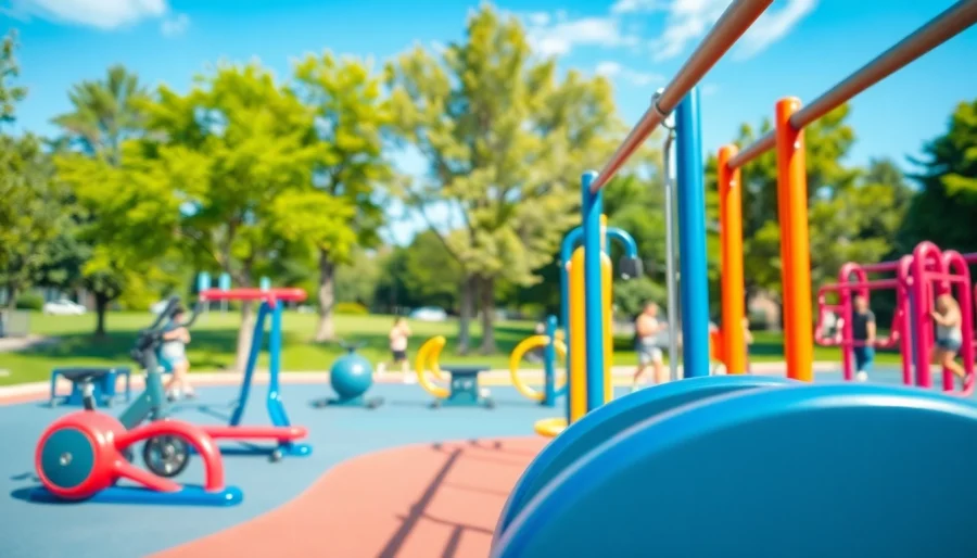Engaging outdoor gym equipment set in a park environment with accessible fitness stations.