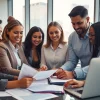 Digital Accountants collaborating in a vibrant office setting, showcasing teamwork and technology.