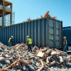Wywóz gruzu Katowice – pracownicy na placu budowy załadują gruz do kontenera.