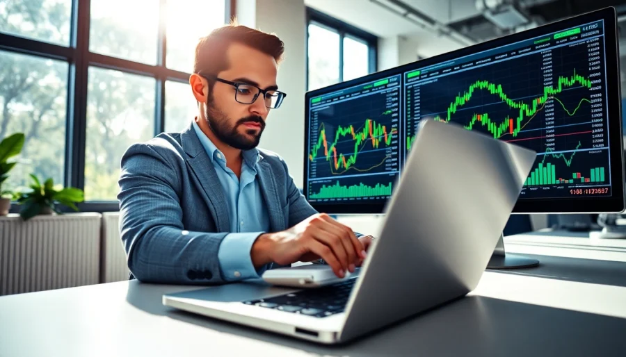 Analyze Forex trends with a focused trader in a bright office setting.