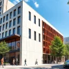 Visualisierung Architektur eines modernen Gebäudes in einer urbanen Umgebung zeigt Details und Aktivitäten.