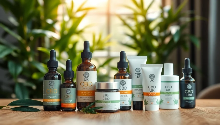 Showcase CBD UK products elegantly displayed on a wooden table with natural elements.