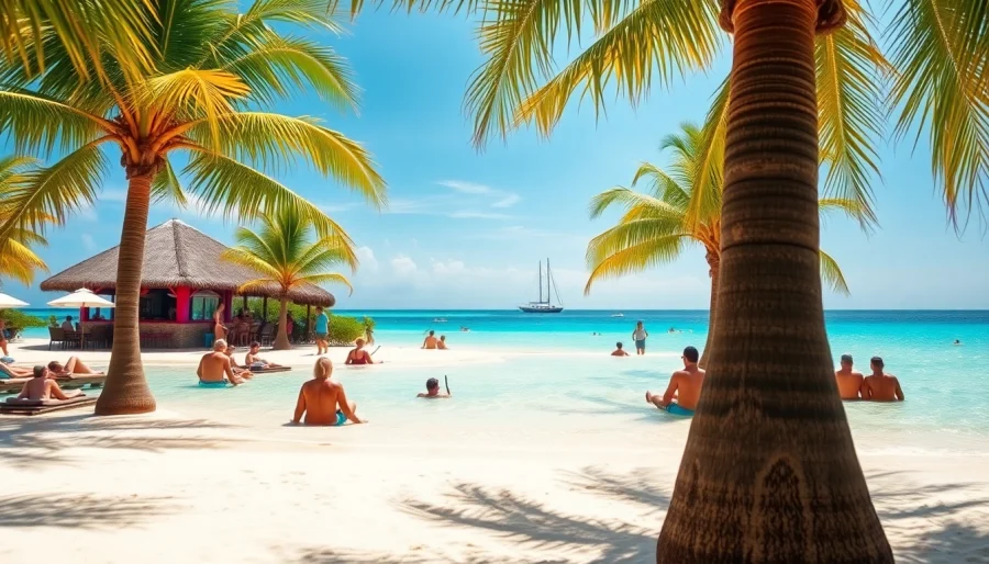Experience vibrant Harvest Caye Tours Belize with snorkeling and sunbathing on a tropical beach.