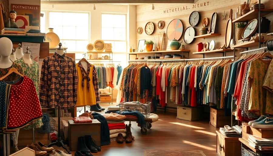 Discover unique finds at this thrift store with vibrant vintage clothing and accessories on display.