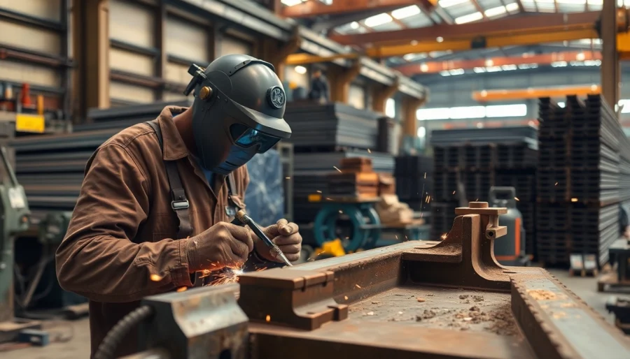 Dynamic structural steel fabrication scene showcasing a welder crafting intricate metal joints.