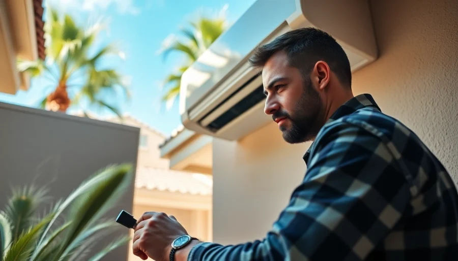 Technician performing maintenance on a Scottsdale AC unit in a residential backyard.