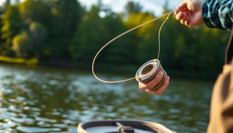 Angler casting Fly fishing line into a tranquil lake surrounded by lush greenery.