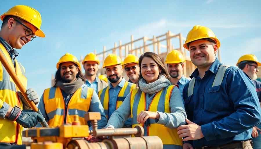 Careers in construction shown with diverse professionals working collaboratively on a construction site.