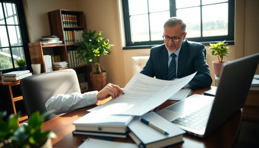 Expert in agricultural law reviewing documents in a professional office space.