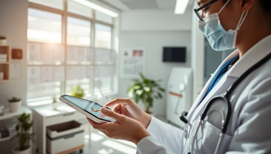 Healthcare provider efficiently using eprescribing software on a tablet in a professional setting.
