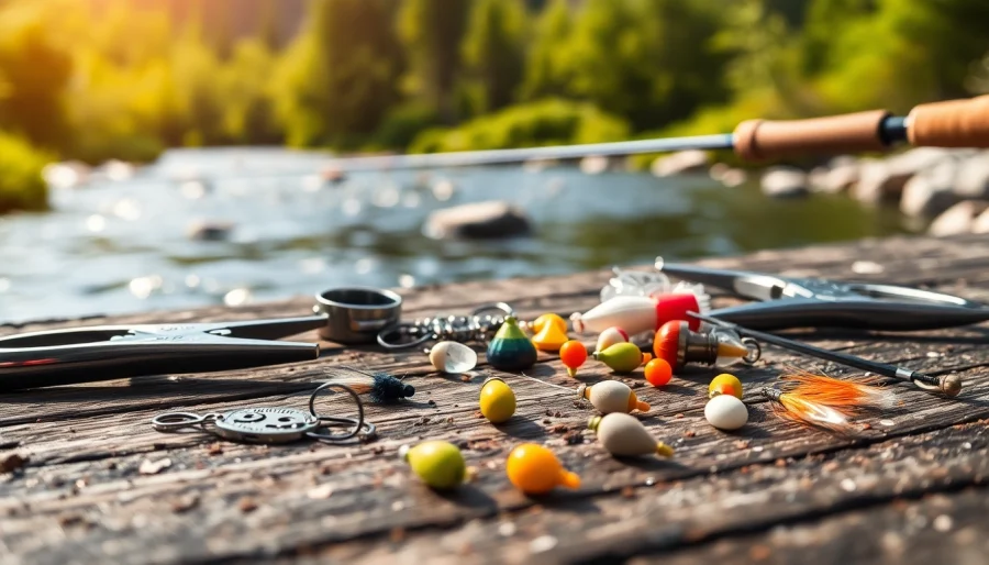 Explore essential Fly fishing accessories displayed in a natural river setting for enthusiasts.