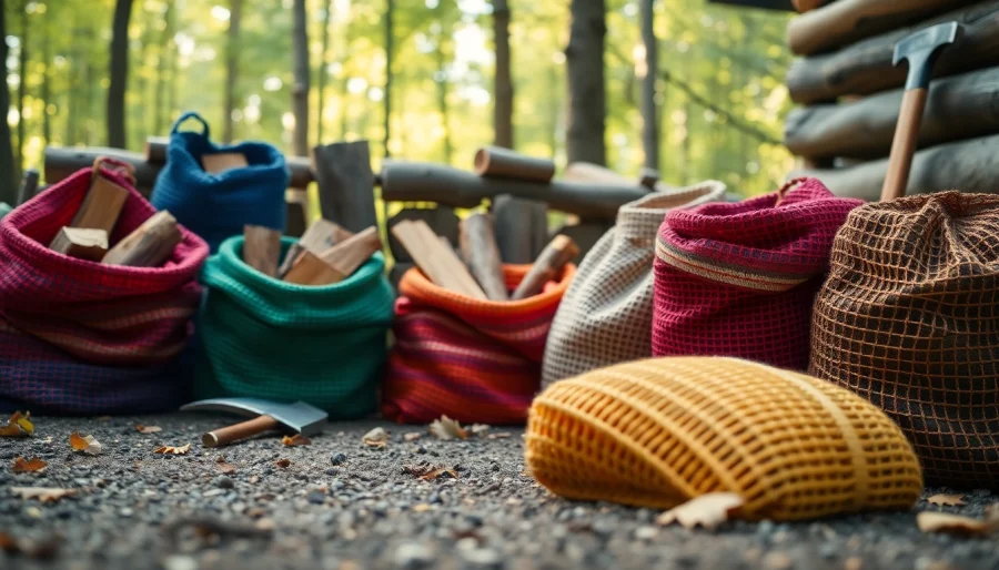 Display vibrant firewood mesh bags Europe with textured details amid a rustic outdoor setting.