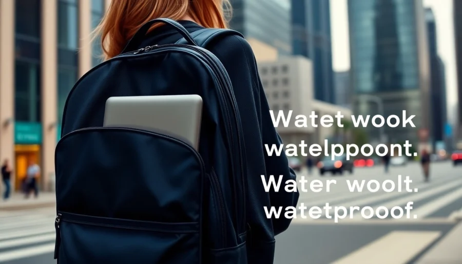 Wasserdichter Rucksack Laptop Damen im urbanen Umfeld, stilvoll und funktional gestaltet.
