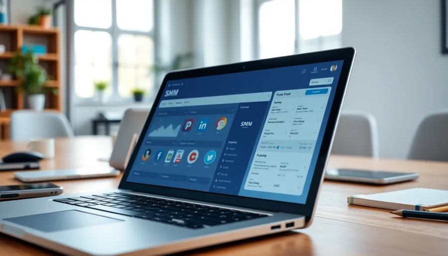 Reviewing an SMM panel interface on a sleek laptop in a modern workspace.